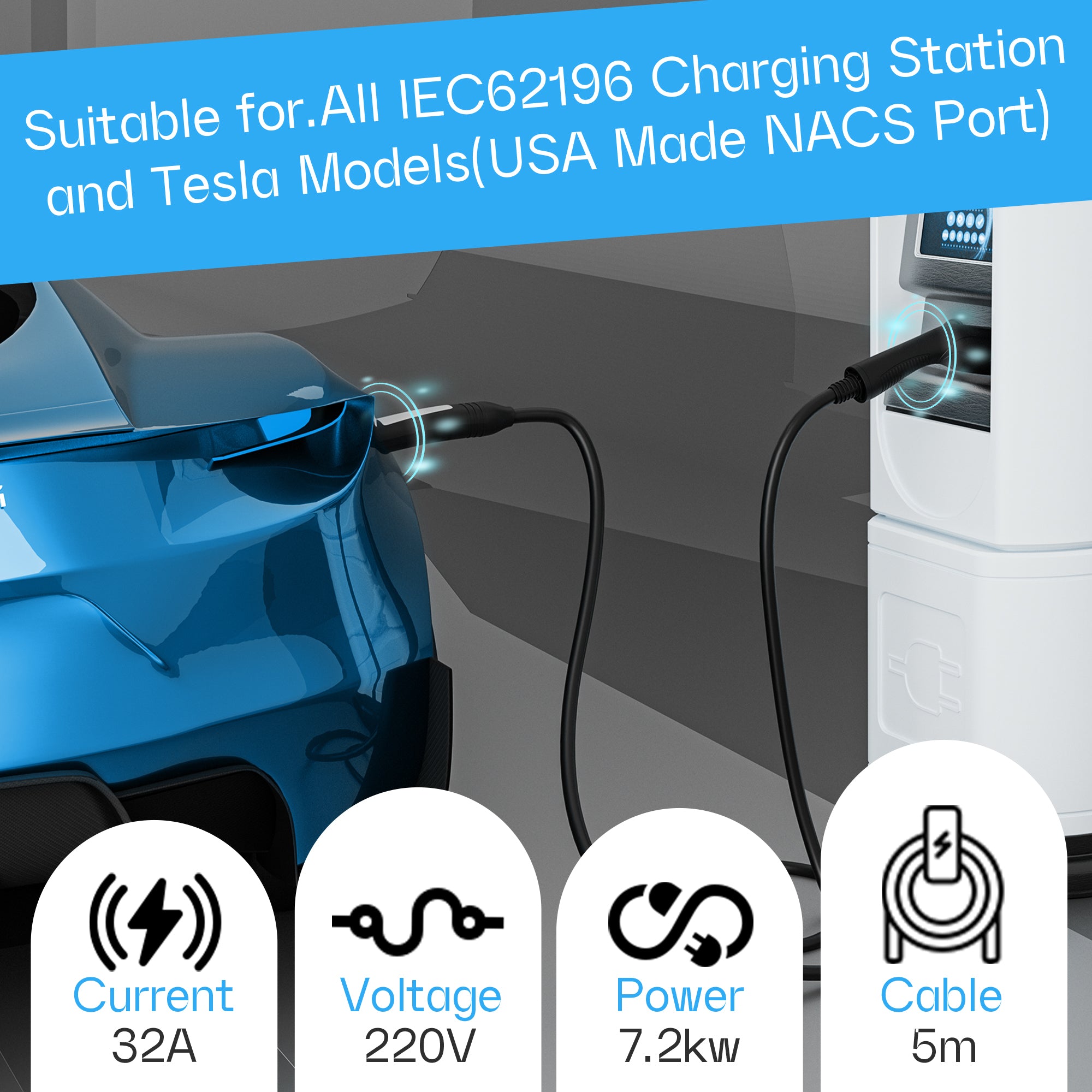 ElevoCharge Type2 to NACS EV Charging Cable 32A 7.2kW |5M/8M/10M