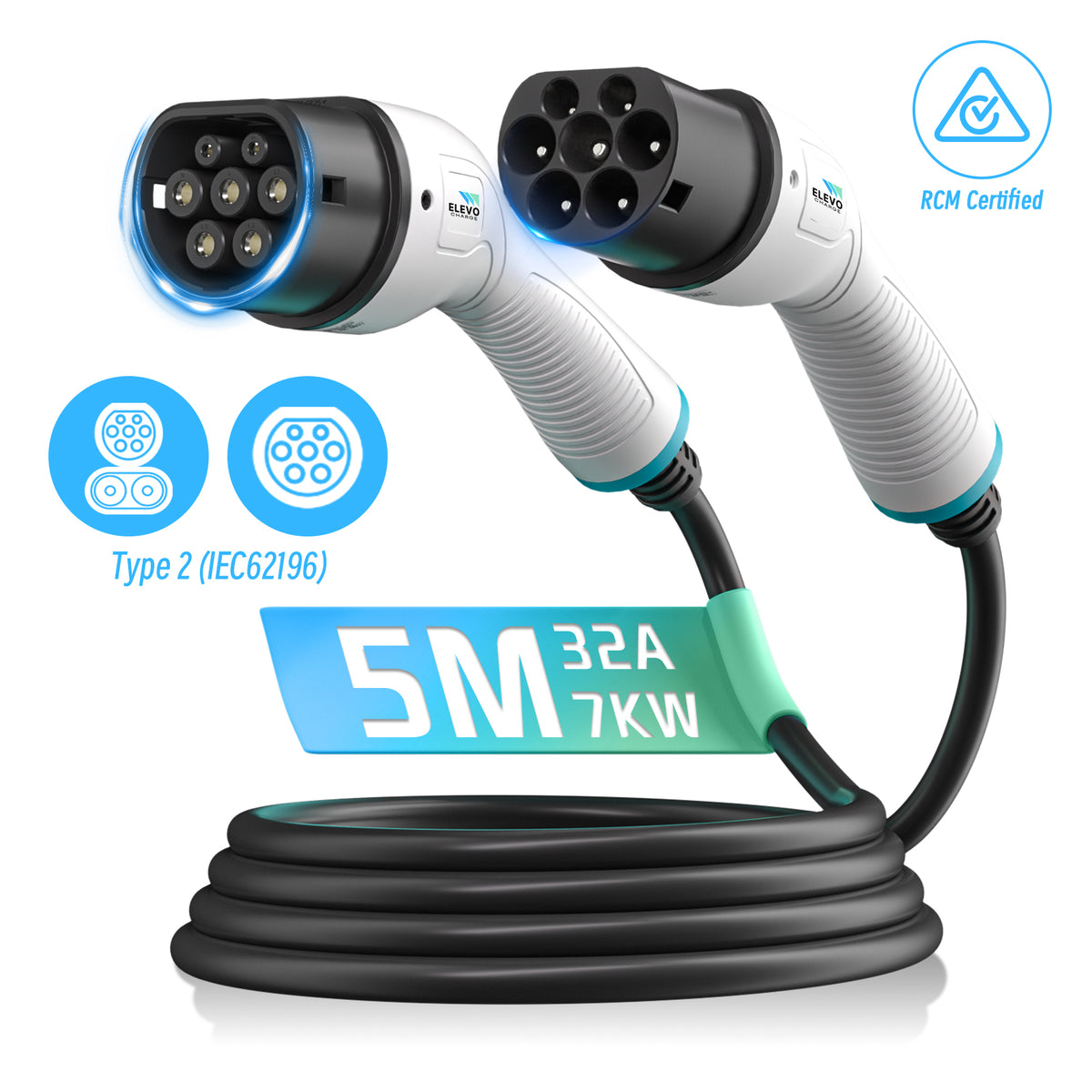 Elevocharge Type 2 to Type 2 EV Charging Cable |32A|7kW/22kW| 5M/7M/10M IEC62196 RCM Certified