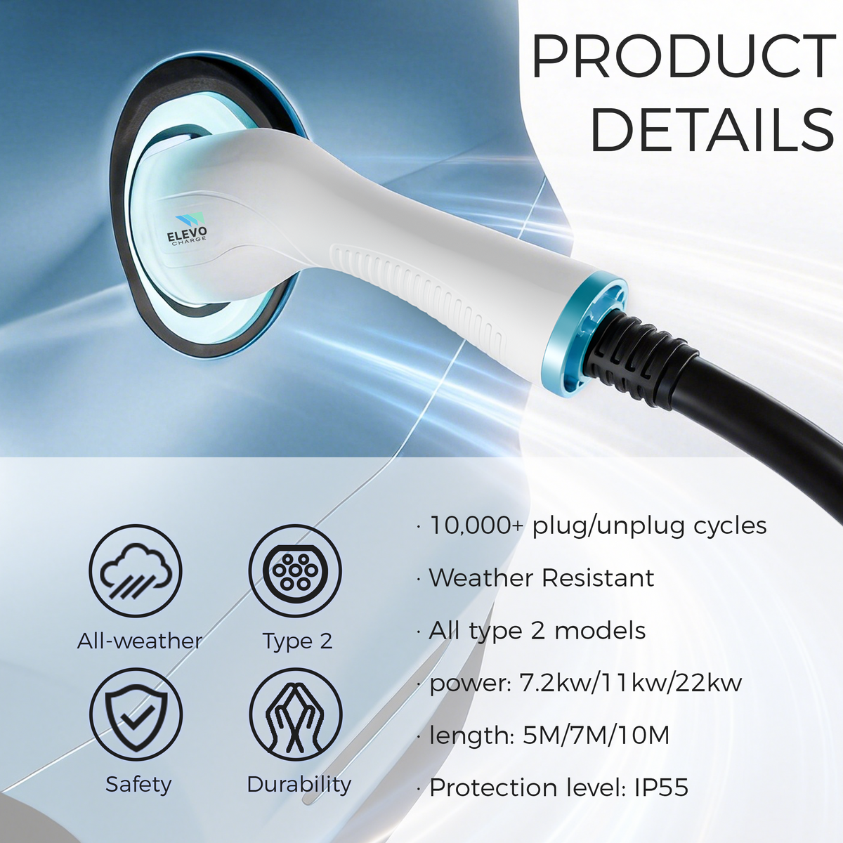 ELEVOCHARGE Type 2 to Type 2 EV Charging Cable | 32A | 7.2kW / 22kW | 5M / 7M / 10M