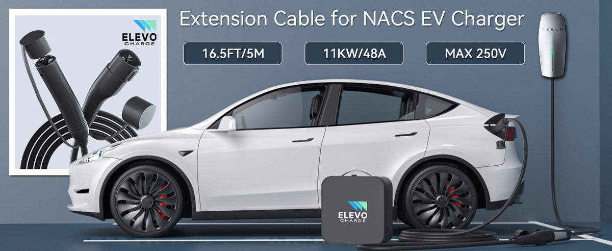 ELEVOCHARGE NACS EV Charger Extension Cable | 11kW / 48A | 16.5 / 22 / 33 ft