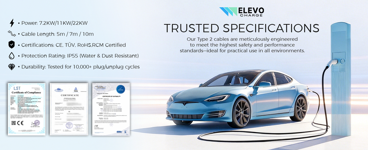 ELEVOCHARGE Type 2 to Type 2 EV Charging Cable | 32A | 7.2kW / 22kW | 5M / 7M / 10M