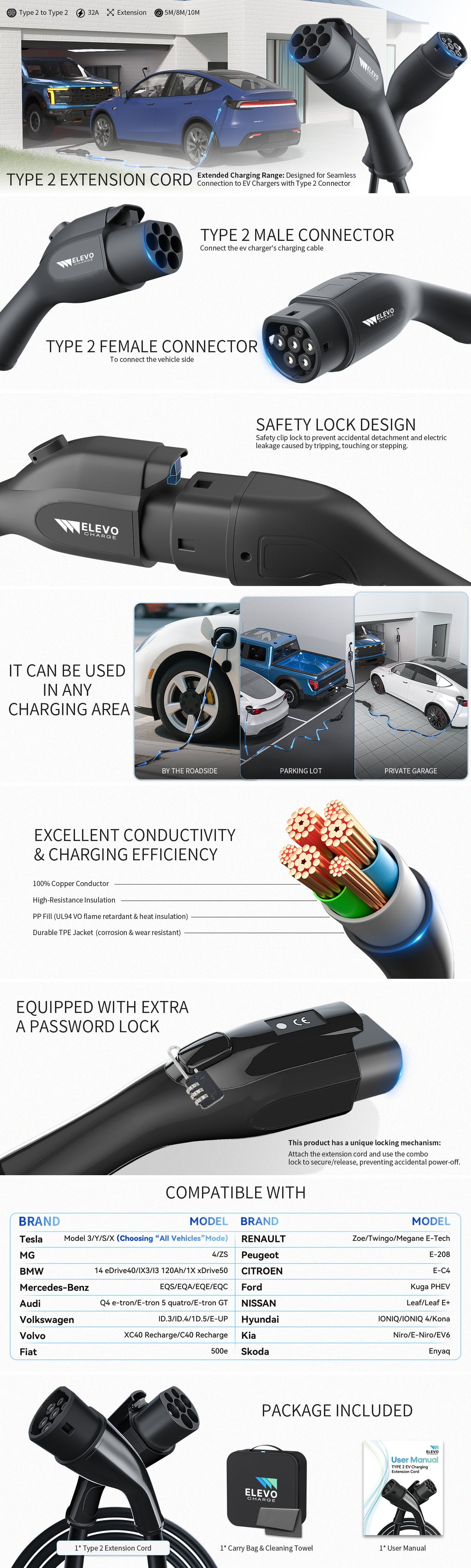 ELEVOCHARGE Type 2 EV Charging Extension Cable |7.2kW / 22kW,32A|5m/8m/10m|Safety Lock
