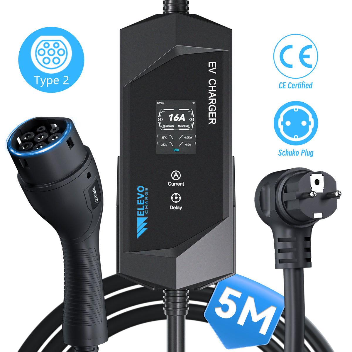 Elevocharge Portable Level 1/2 Type 2 EV Charger | 230V | 16A | Schuko Plug