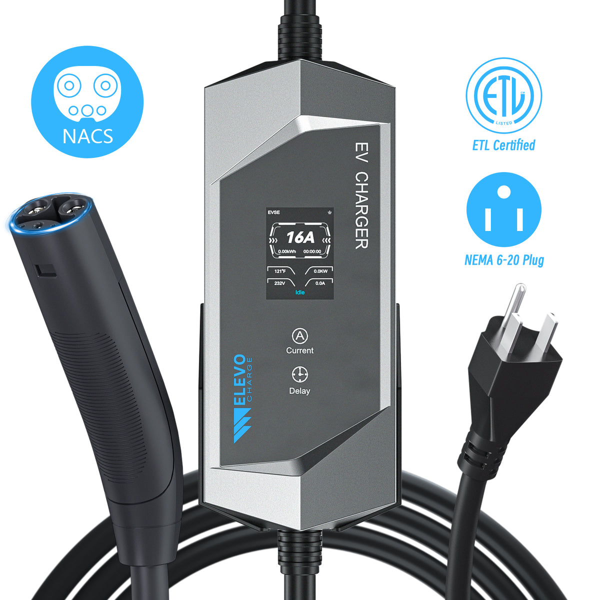 Elevocharge NACS Portable EV Charger | 16/32/40A Adjustable, 25FT Cable, NEMA 6-20 /14-50 Plug, Black & Silver Optional