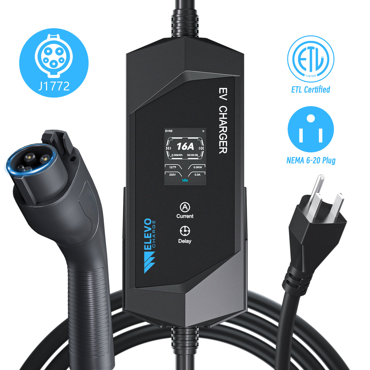 Elevocharge SAE J1772 EV Charger, 16/32/40A Adjustable, 25FT Cable, Black/Silver Optional