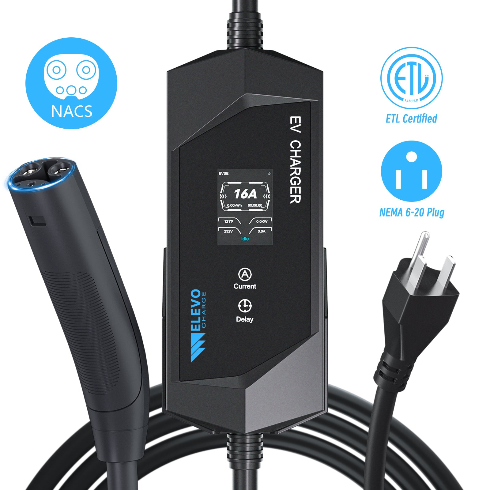Elevocharge NACS Portable EV Charger | 16/32/40A Adjustable, 25FT Cable, NEMA 6-20 /14-50 Plug, Black & Silver Optional