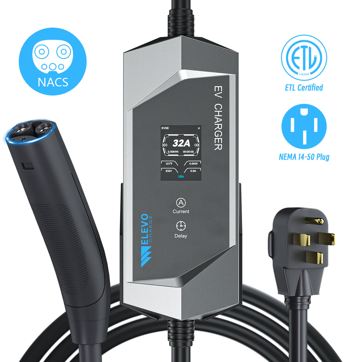 Elevocharge NACS Portable EV Charger | 16/32/40A Adjustable, 25FT Cable, NEMA 6-20 /14-50 Plug, Black & Silver Optional