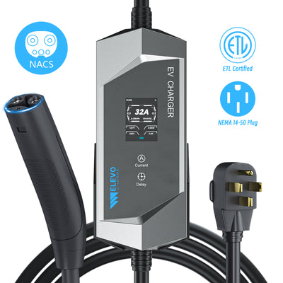 Chargeur EV NACS portable Elevocharge niveau 1/2 | 240 V | 32 A | Prise NEMA 14-50