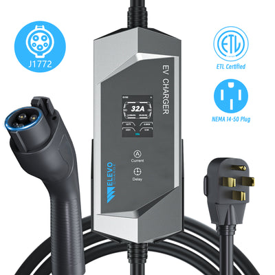 Elevocharge 32A Portable EV Charger | Level 2 J1772 EV Charger | NEMA 14-50 Plug | 25FT Cable | Black & Silver