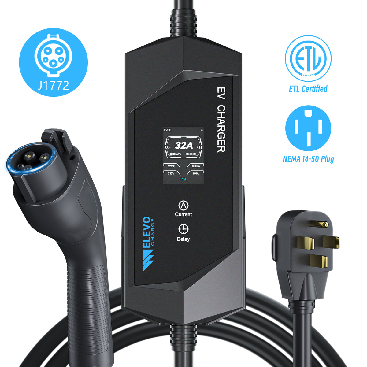 Elevocharge Tragbares Level 1/2 J1772 EV Ladegerät |240V|32 Ampere| NEMA 14-50 Stecker