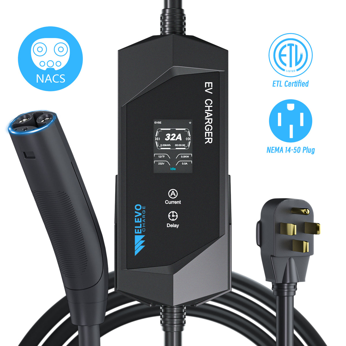 Elevocharge NACS Portable EV Charger | 16/32/40A Adjustable, 25FT Cable, NEMA 6-20 /14-50 Plug, Black & Silver Optional