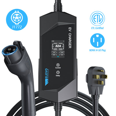 Elevocharge 32A Portable EV Charger | Level 2 J1772 EV Charger | NEMA 14-50 Plug | 25FT Cable | Black & Silver