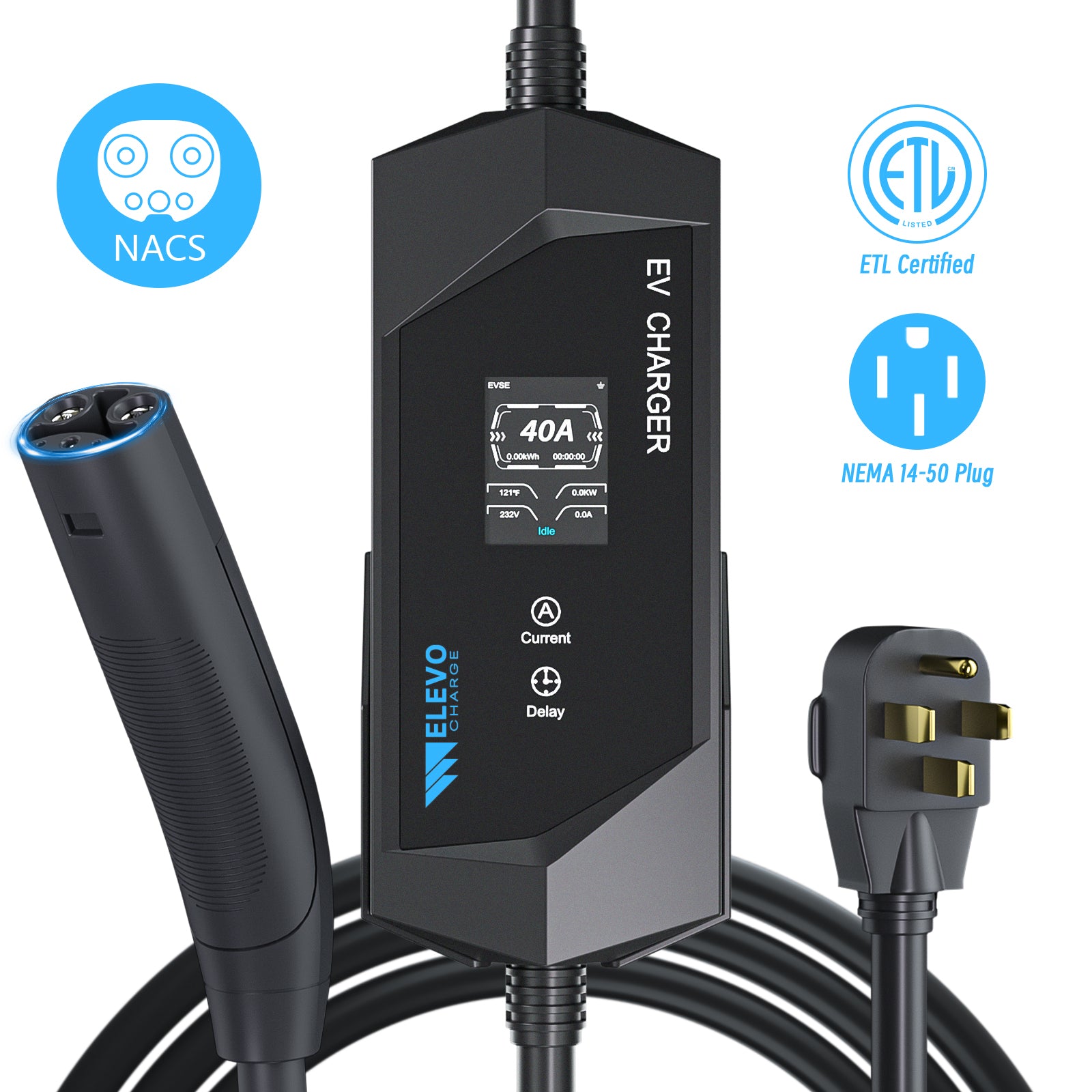 ELEVOCHARGE 40A Level 2 Fast Portable EV Charger, 6-40A Adjustable, NEMA 14-50 Plug, 25FT 9.6kW, NACS Connector, Black & Silver Color Available