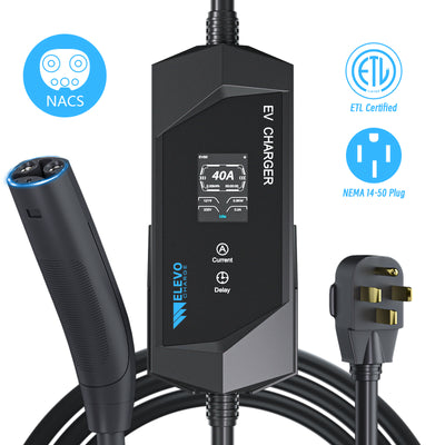 Chargeur VE portable Elevocharge NACS niveau 1/2 | 240 V | 40 A | Prise NEMA 14-50