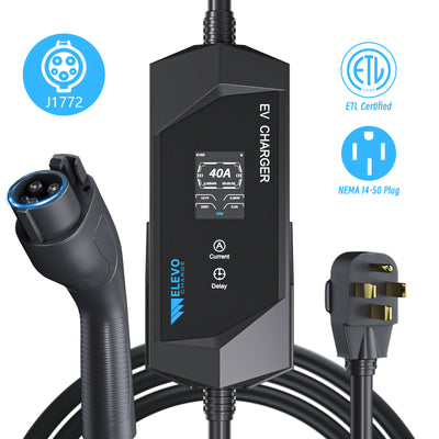 Elevocharge 40A Portable EV Charger | Level 2 J1772 EV Charger | NEMA 14-50 Plug | 25FT Cable | Black & Silver