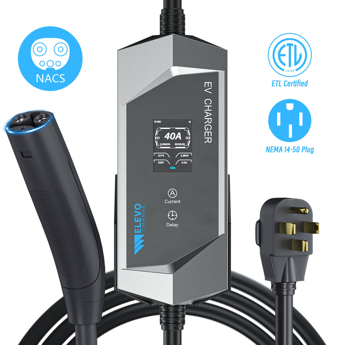 ELEVOCHARGE 40A Level 2 Fast Portable EV Charger, 6-40A Adjustable, NEMA 14-50 Plug, 25FT 9.6kW, NACS Connector, Black & Silver Color Available