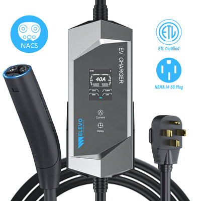 Chargeur VE portable Elevocharge NACS niveau 1/2 | 240 V | 40 A | Prise NEMA 14-50