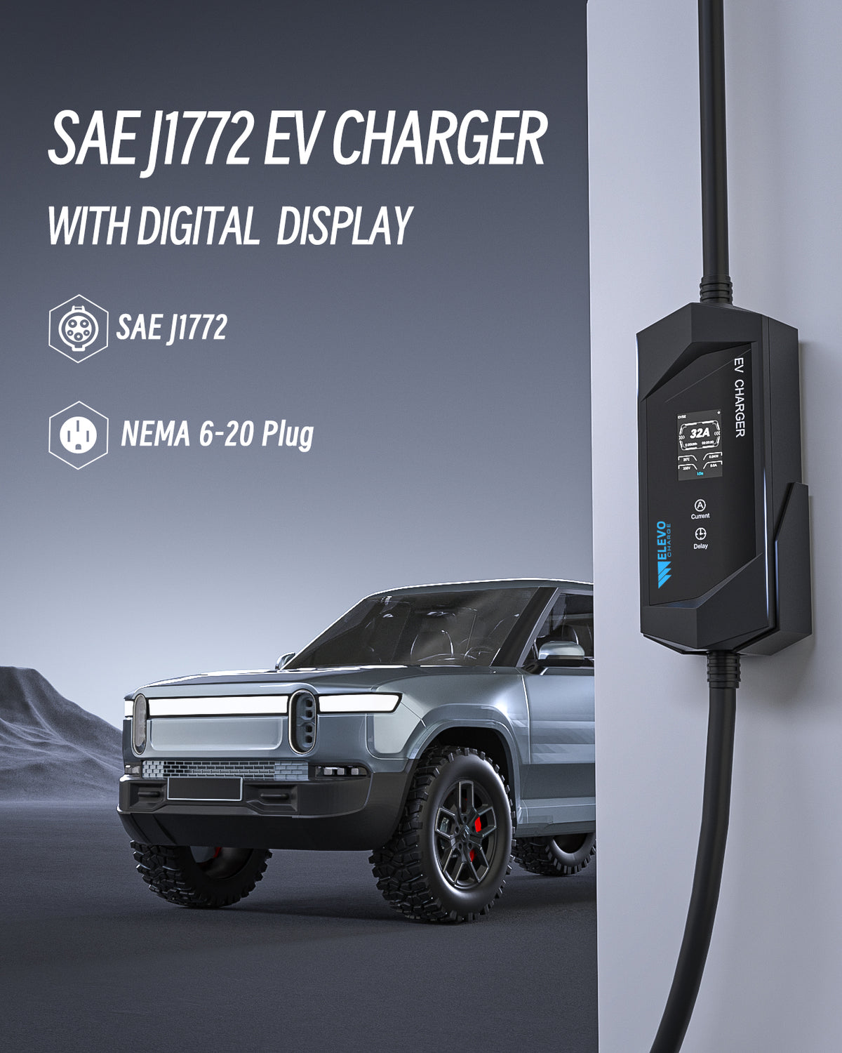 Elevocharge SAE J1772 EV Charger, 16/32/40A Adjustable, 25FT Cable, Black/Silver Optional