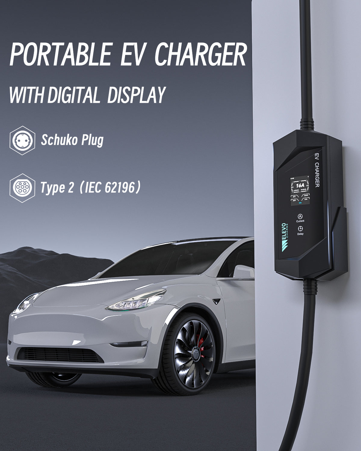 Elevocharge Portable Level 1/2 Type 2 EV Charger | 230V | 16A | Schuko Plug