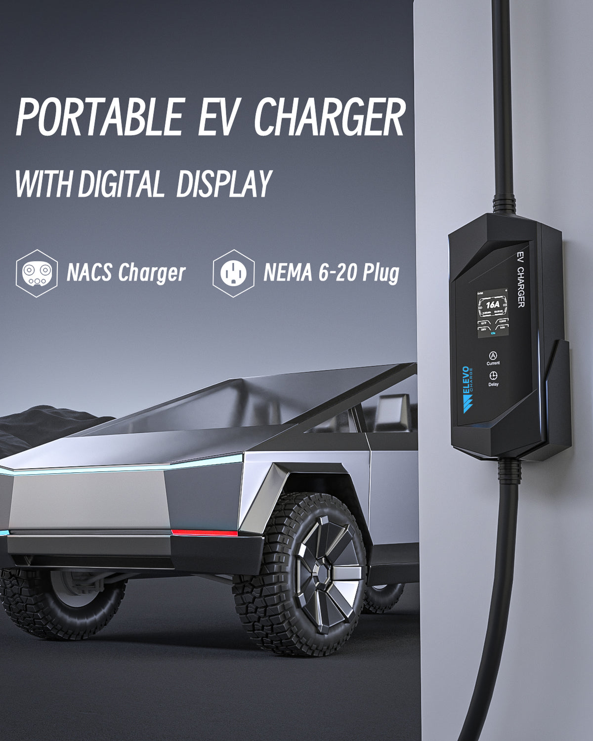 ELEVOCHARGE Portable Level 1/2 NACS EV Charger | 120V/240V | 16 Amp | NEMA 6-20 Plug