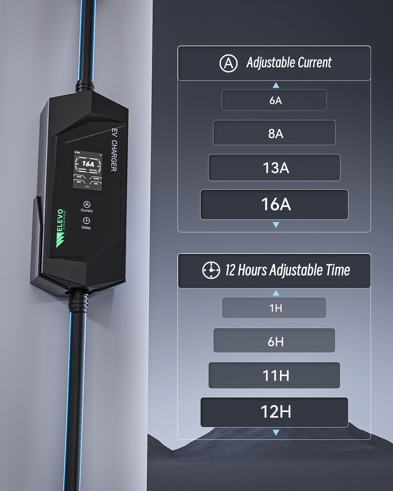 Elevocharge SAE J1772 EV Charger, 16/32/40A Adjustable, 25FT Cable, Black/Silver Optional