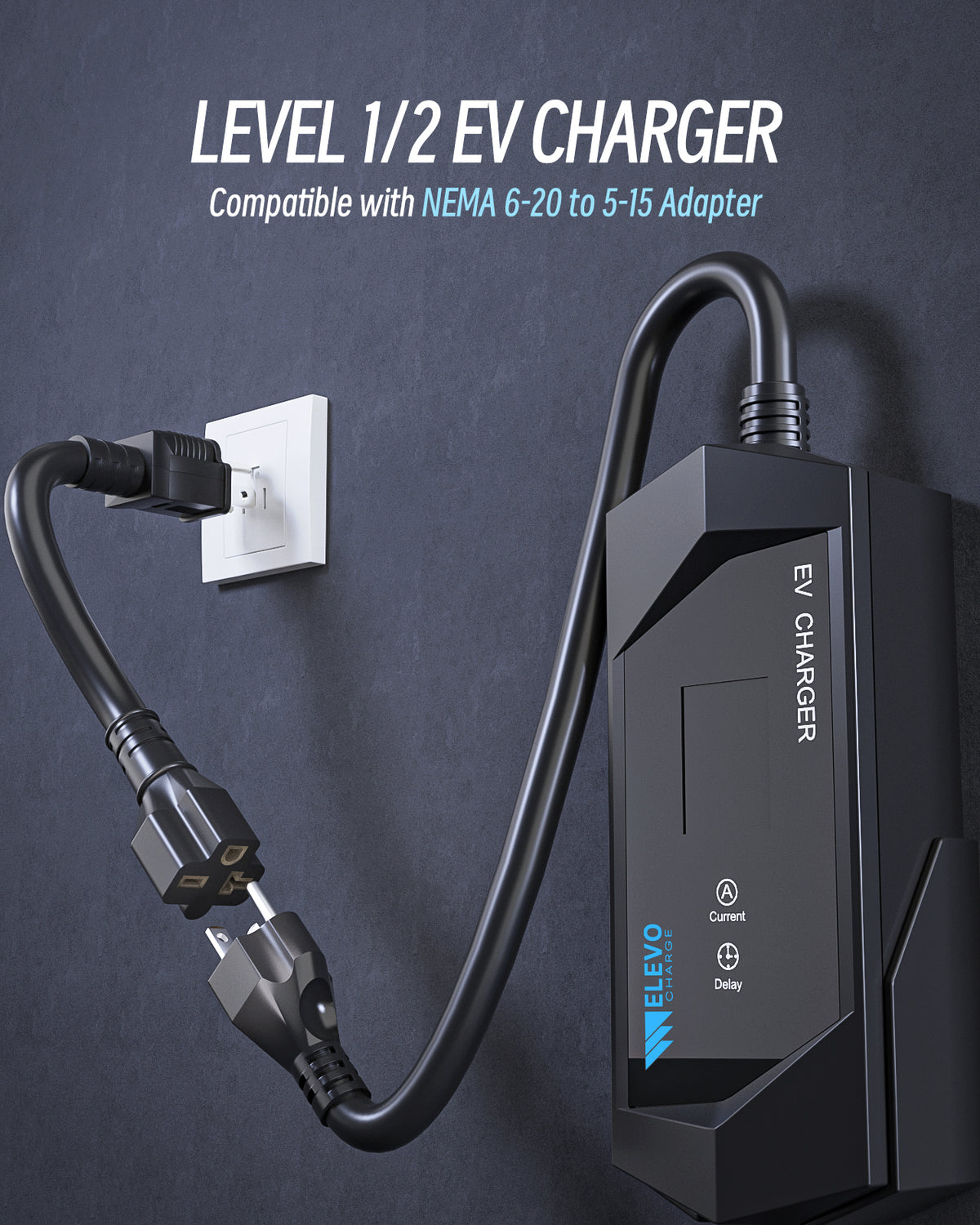 Elevocharge SAE J1772 EV Charger, 16/32/40A Adjustable, 25FT Cable, Black/Silver Optional