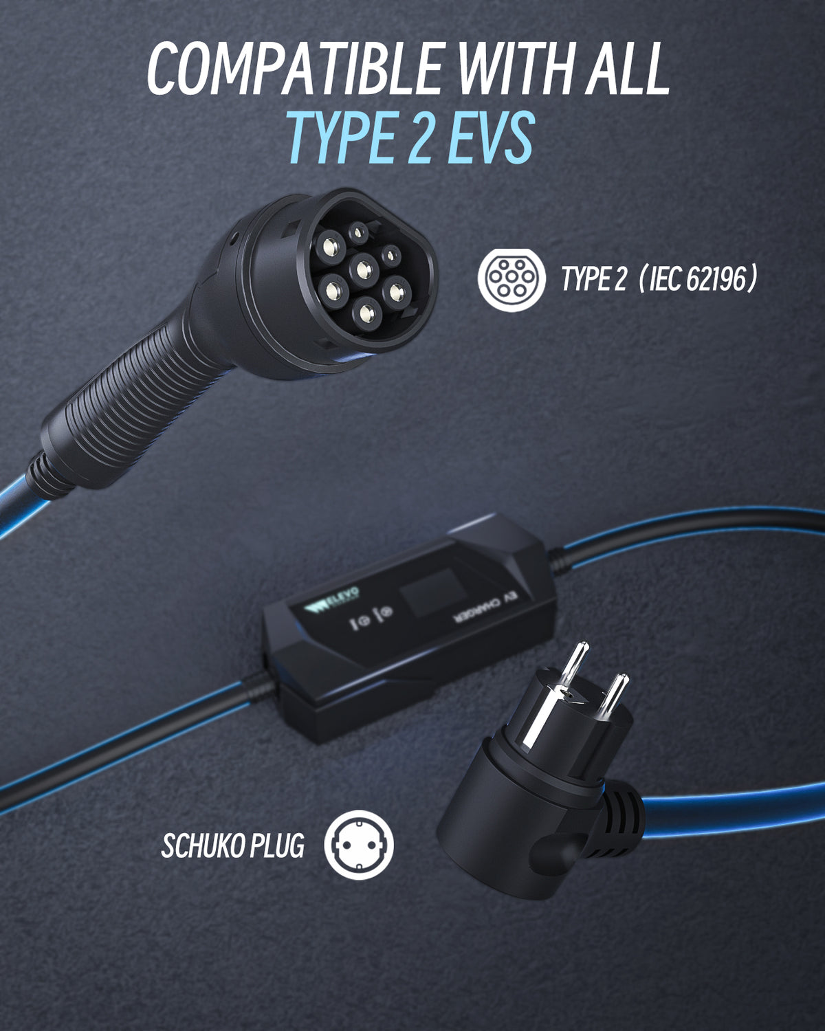 Elevocharge Portable Level 1/2 Type 2 EV Charger | 230V | 16A | Schuko Plug