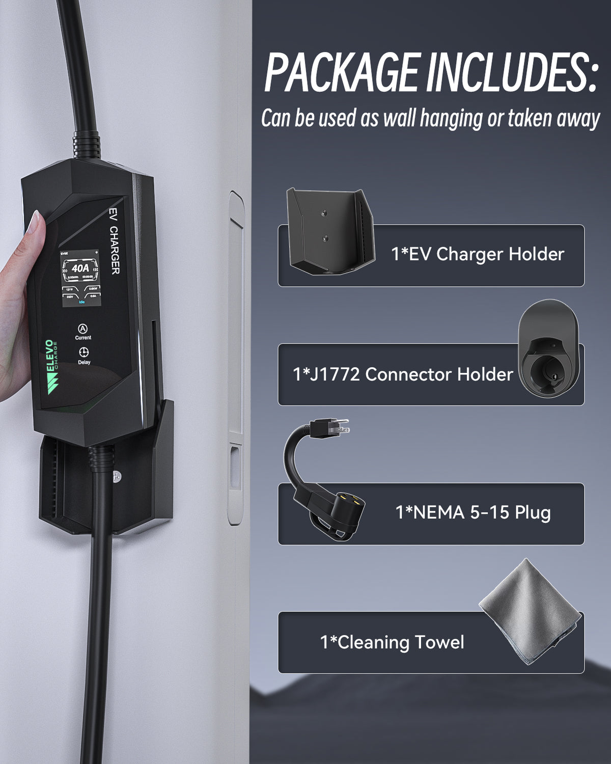 Chargeur de VE portable Elevocharge Niveau 1/2 J1772 |240V|40 Ampères| Prise NEMA 14-50
