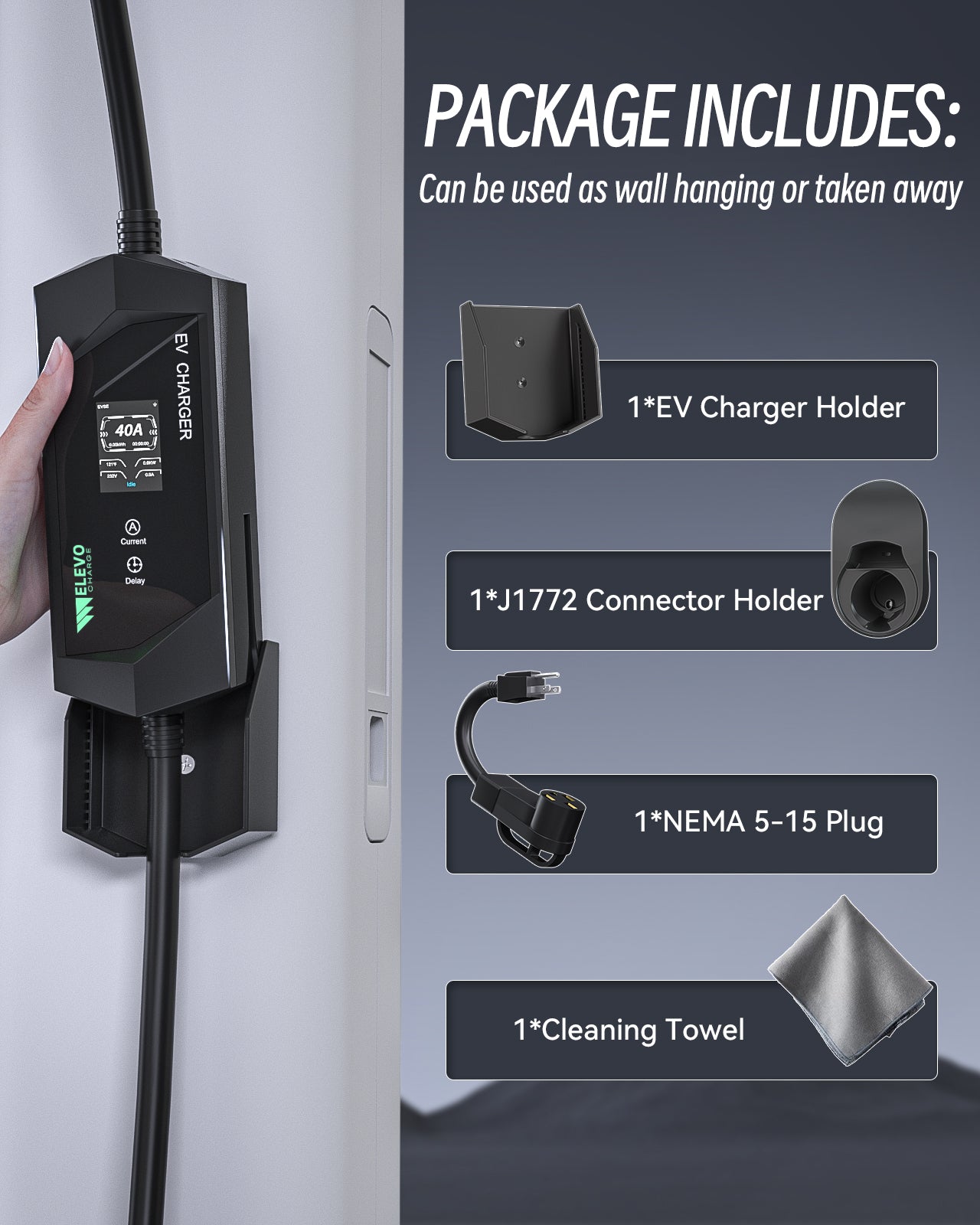 Chargeur de VE portable Elevocharge Niveau 1/2 J1772 |240V|40 Ampères| Prise NEMA 14-50